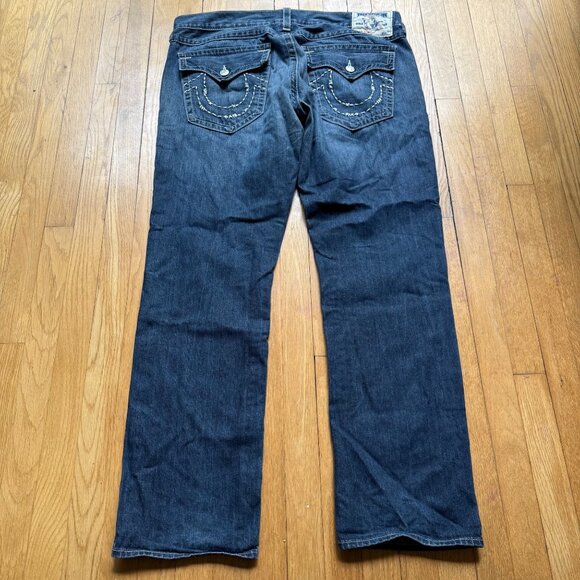 True Religion Size 40 Blue Dark Wash Denim Cotton Slim Fit Straight Leg Jeans - Picture 10 of 13